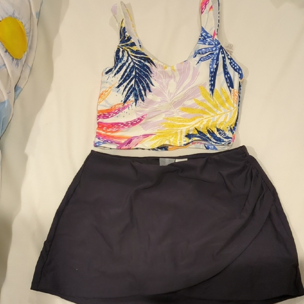 Tropical Print Tank Top and Black Skirt Set